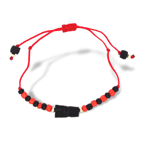 The Genuine Azabache Fist Red Rope Evil Eye Bracelet for Adult protection is designed as a spiritual shield with a red string and alternating black and red beads, featuring a prominent black bead at its center. It combines both style and protection against the evil eye with adjustable knots on each end.
